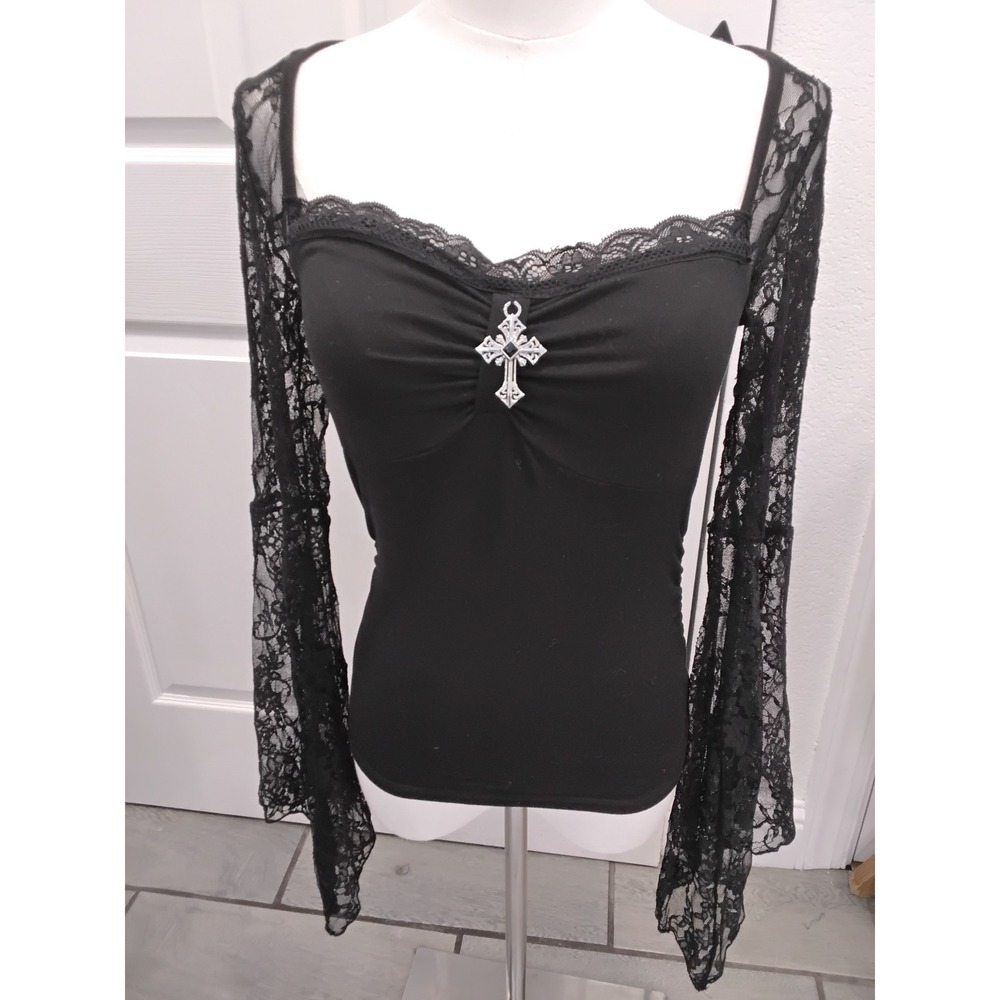 Romwe Black Gothic Lace Bell Sleeve Cross Pendant Top Sweetheart Neck Small - Picture 2 of 6